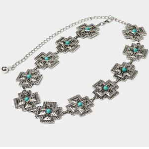 Simons Cross Medallion Turquoise Stone Waist Belt Adjustable Chain Silver Tone